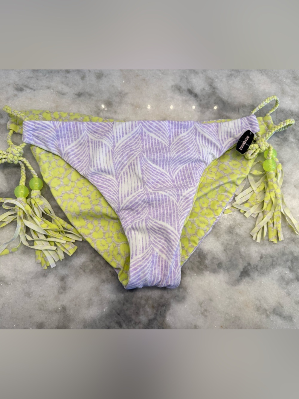 REVERSIBLE Victoria’s Secret Bottom Lime Lavender Tassel Beaded Euro Summer - Picture 3 of 4